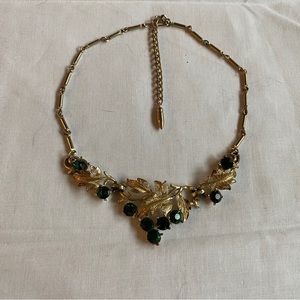 Vintage Coro Emerald Rhinestone Gold Bib Necklace